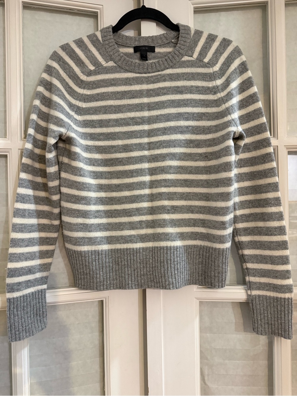 J. Crew 100% Wool Gray and White Striped Crewneck Sweater